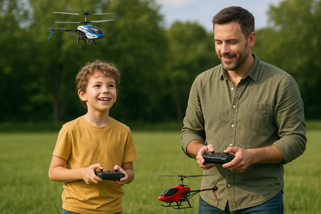 Father and son flying rc helicopters