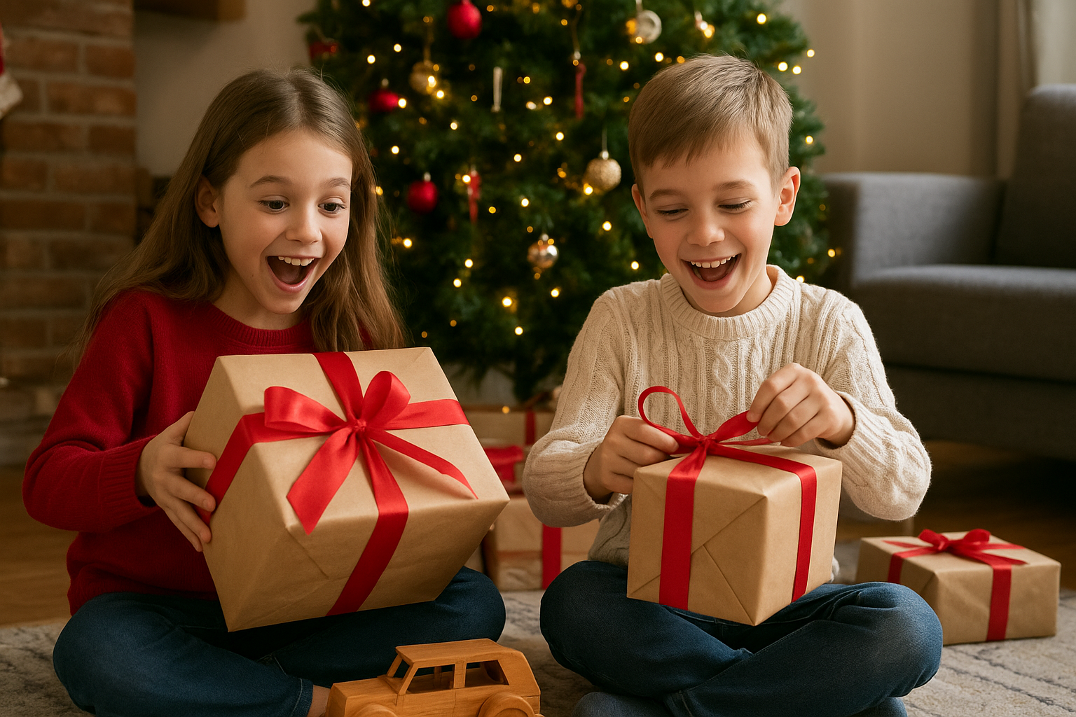 Kids opening presents in the Christmas morning