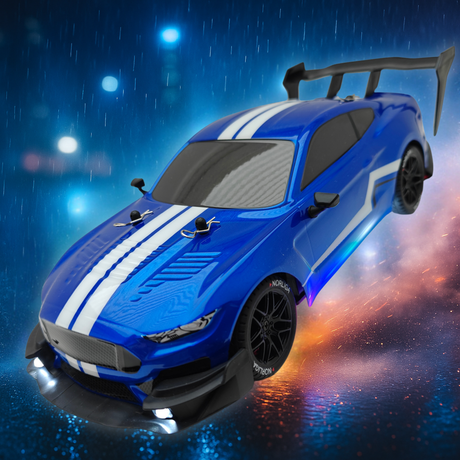 Blue RC Drift Car PRO drifting with white stripes on a reflective surface at night